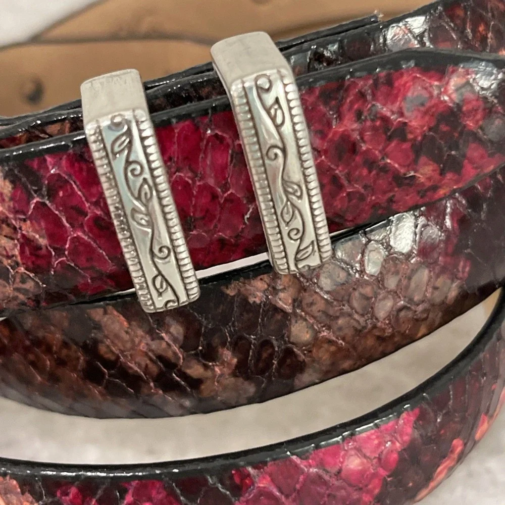 Brighton Snake Belt Womens Size 34 Large Floral Burgundy Python Skinny USA
